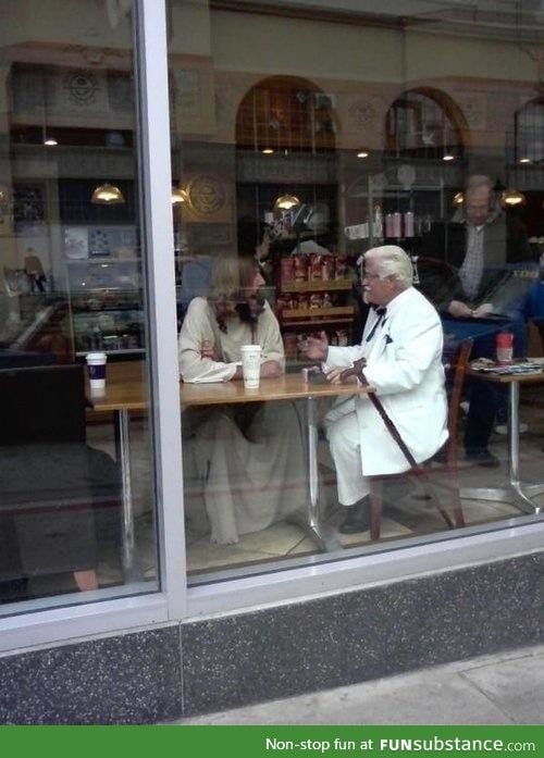 Jesus and colonel sanders have a coffee shop meeting