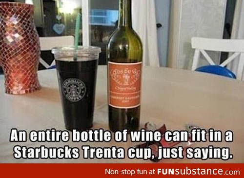 Entire bottle of wine in a Starbucks Trenta cup