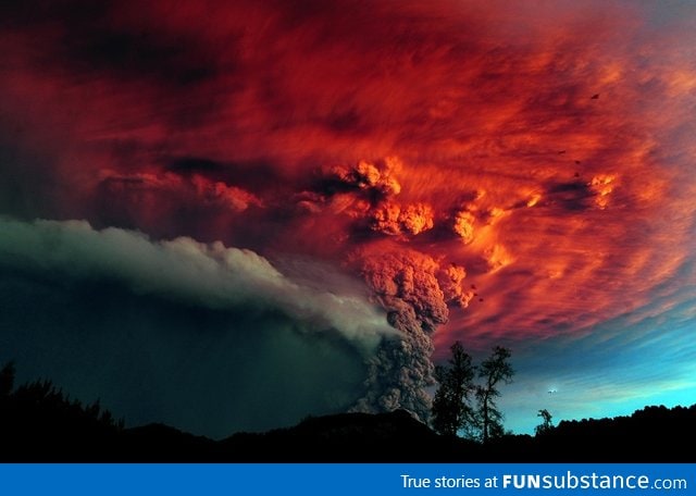 Red Volcanic Ash floods the Sky