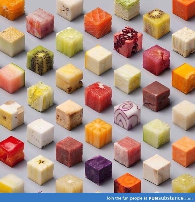 Various foods cut in to perfect cubes