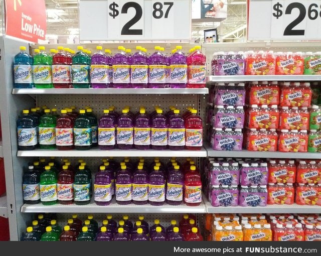 Walmart selling cleaner next to juice drinks
