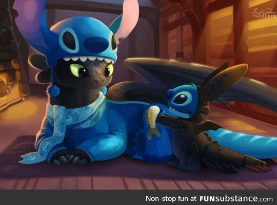 This should definitely be a Disney movie. Stitch + Toothless