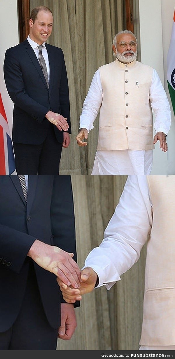Prince William's hand after shaking hands with India's Prime Minister