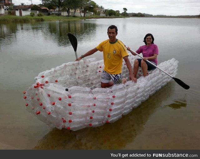 Guy makes a boat from soda bottles