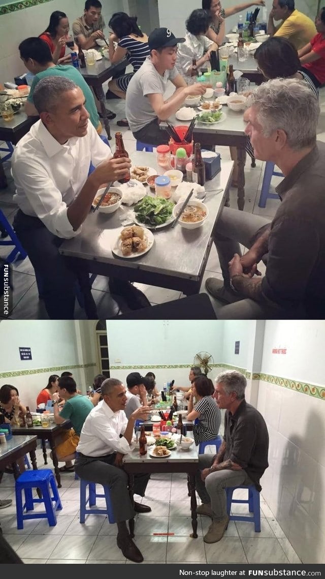 President Obama and Anthony Bourdain eating pho in Vietnam while no one around them cares
