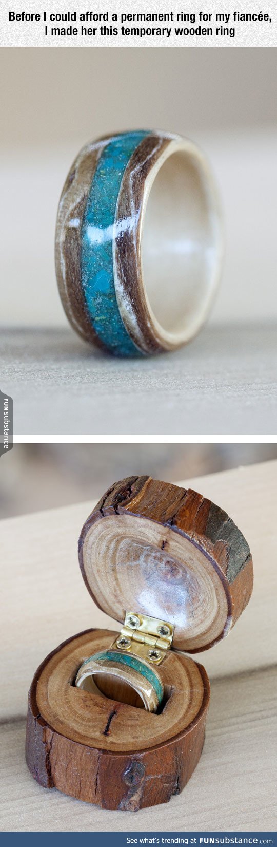 Ring carved out of wood in a wooden box