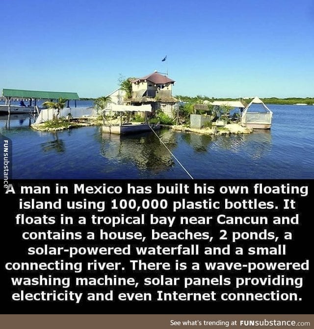 Man builds a floating island with 100,000 plastic bottles
