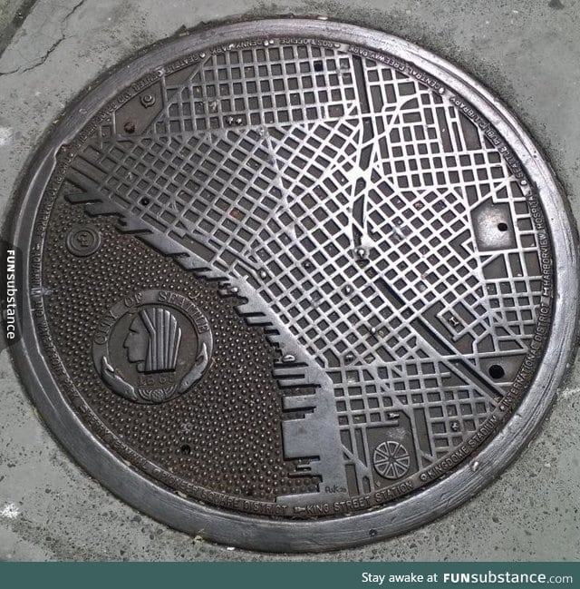 This manhole cover in Seattle, has a map of the city on it