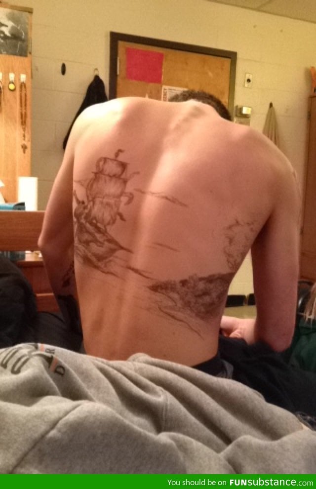 I give you my friends drawing on my roommates back (in ink)