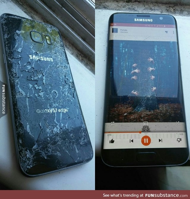 A phone dropped from an amusement park ride roughly 3-4 stories high, this is the result