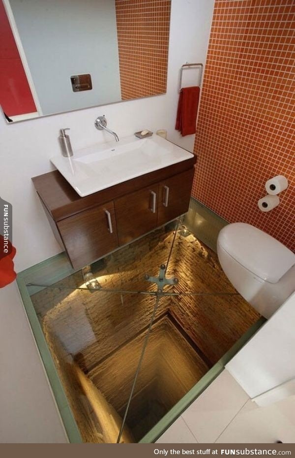 Bathroom with glass floor over an abandoned elevator shaft