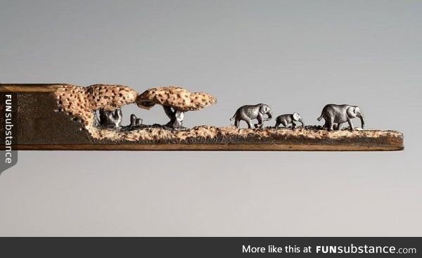 A Miniature Landscape of Elephants Carved From the 'Tip of a Pencil'