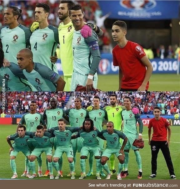 A ball boy sneaked into the Portugal team photo tonight in their game against Wales