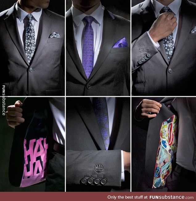 Marvel and DC themed business suits.