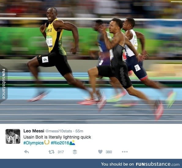 Imagine working so hard to be at the Olympics just to lose against a smiling Usain Bolt