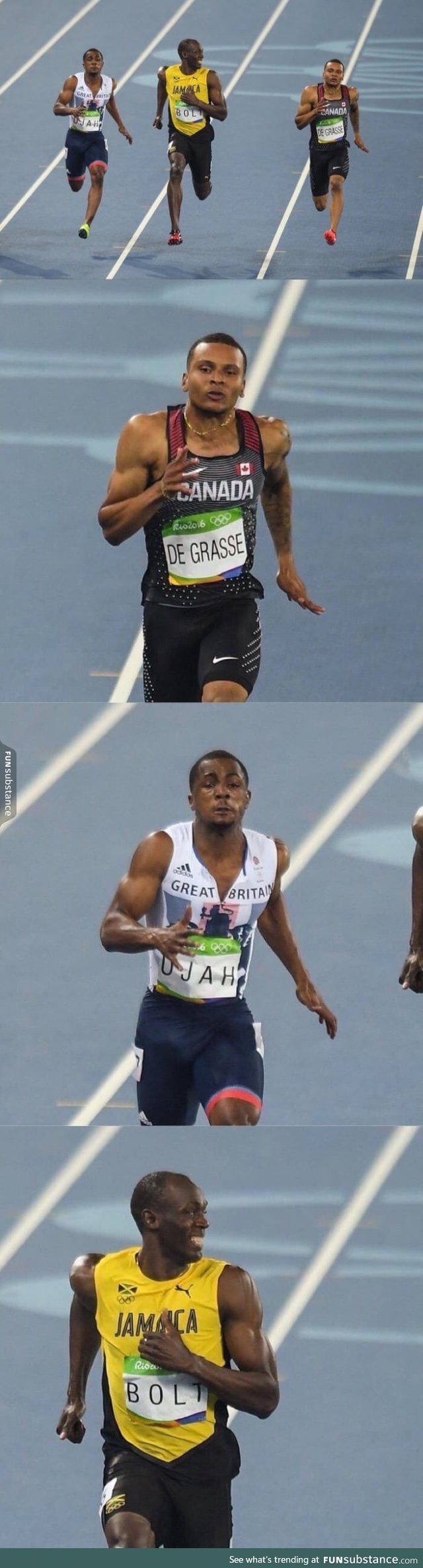 These two dudes spitting out pieces of lungs while Bolt poses for photos