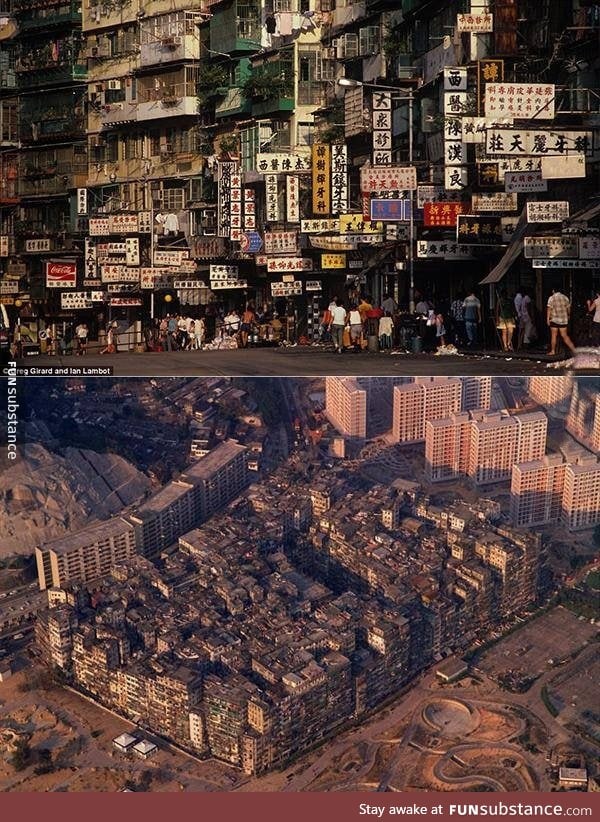 The Kowloon Walled City (Hong Kong). One of the most densely populated areas on earth