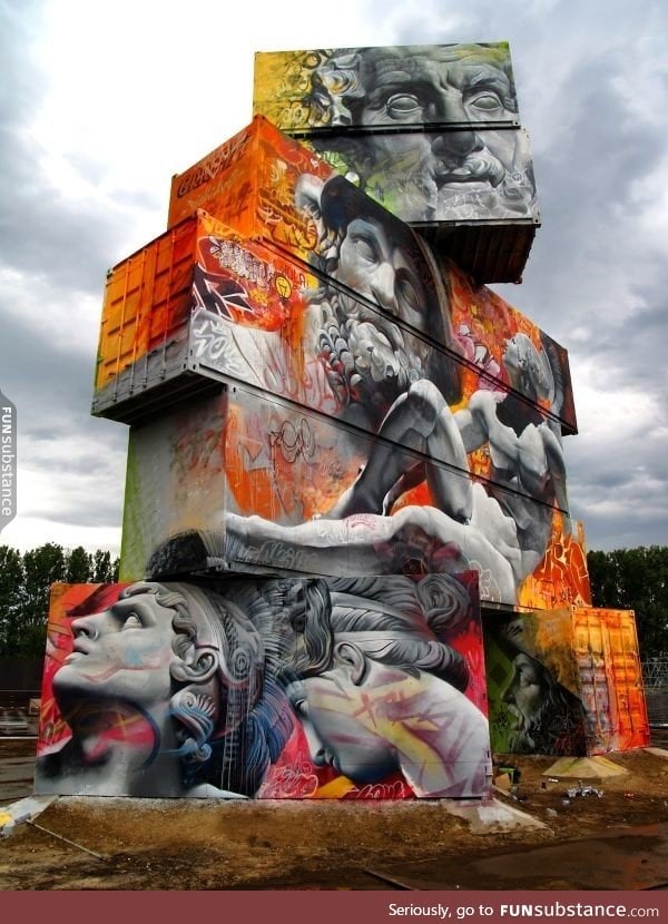 Containers covered with Greek god graffiti