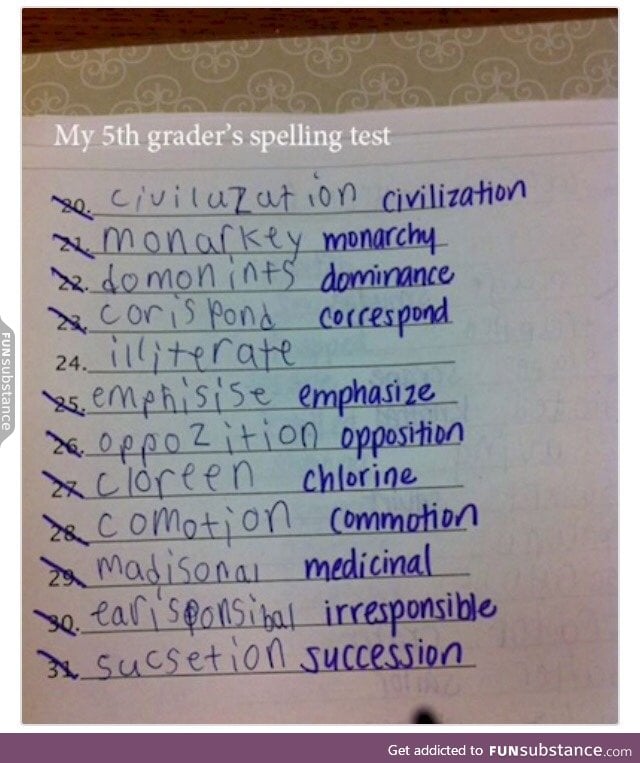 A 5th grader's spelling test