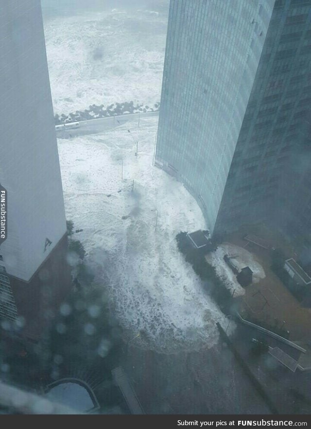 In South Korea now. It's been raining non stop and now water from the sea is going on land