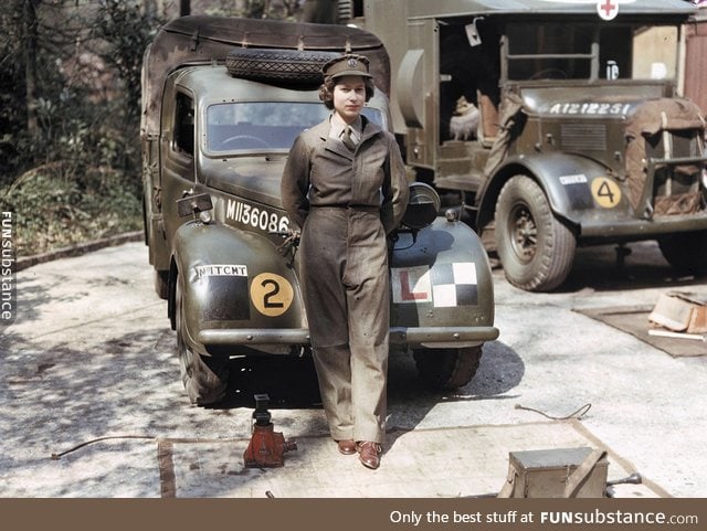 Queen Elizabeth II, serving as a mechanic and truck driver during WWII