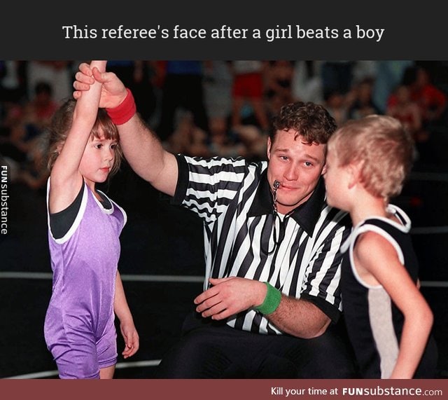 This referee's face after a girl beats a boy