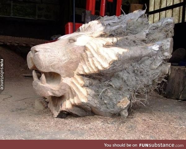 Lion's head made of stump