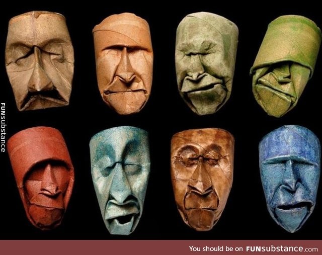 Crumpled toilet paper tubes faces