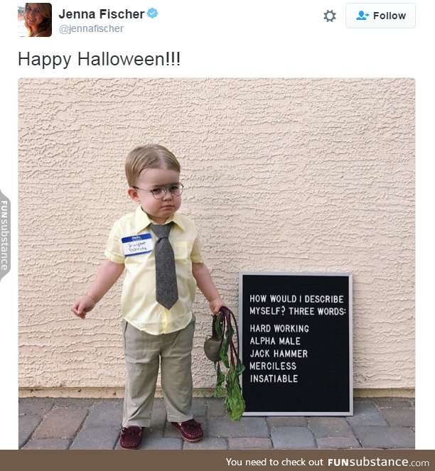 Jenna Fischer who was Pam on The Office dressed her son as Dwight for Halloween! So cute!