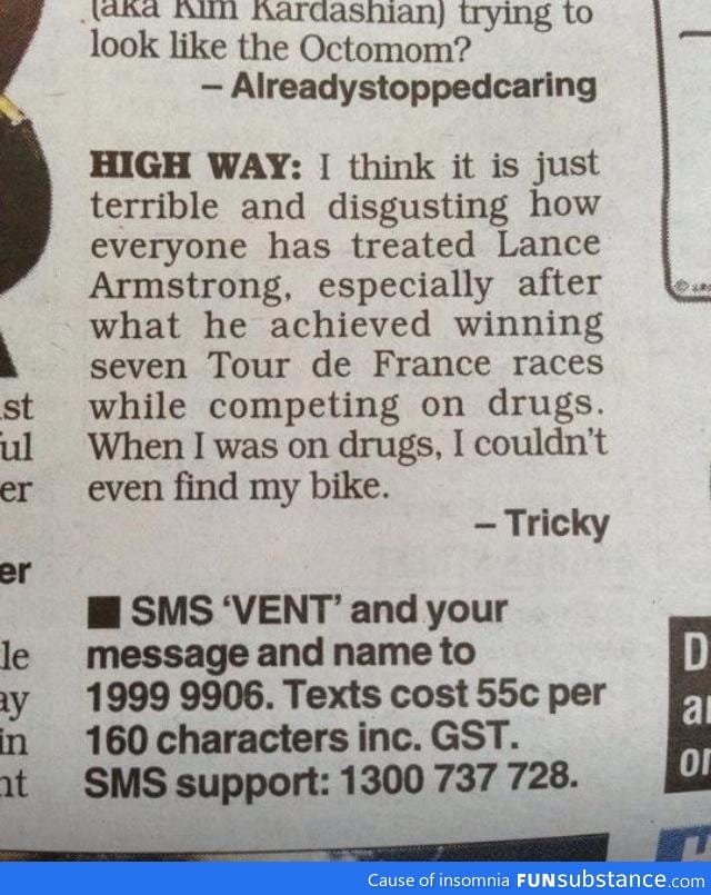Comment on Lance Armstrong on drugs