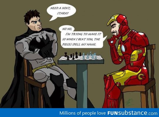 Batman and Iron Man playing chess