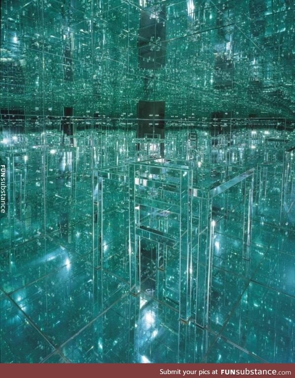 A room covered in mirrors and filled with transparent furniture