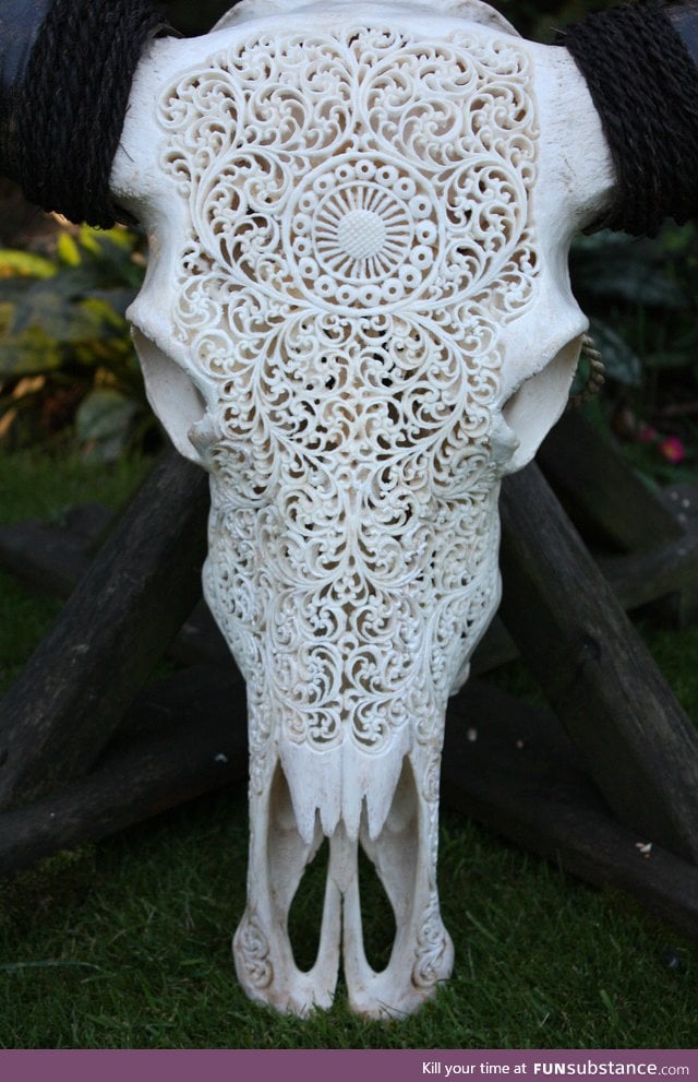 Carved water buffalo skull