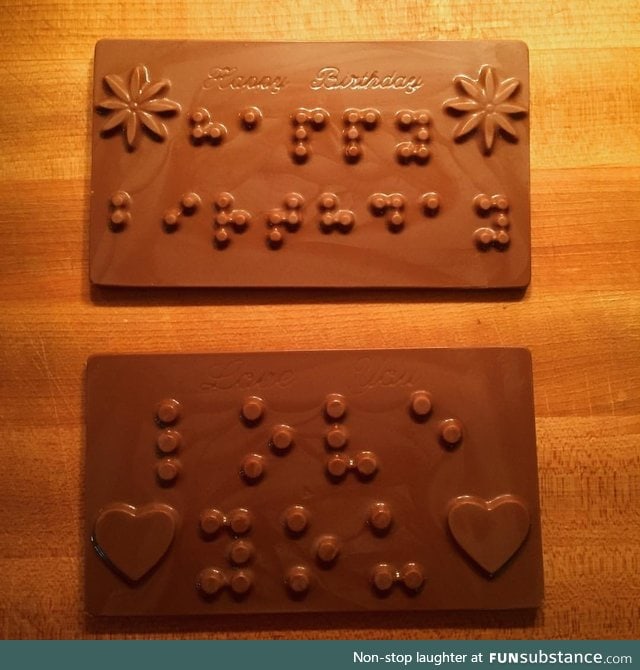 Braille chocolate message made for a blind daughter