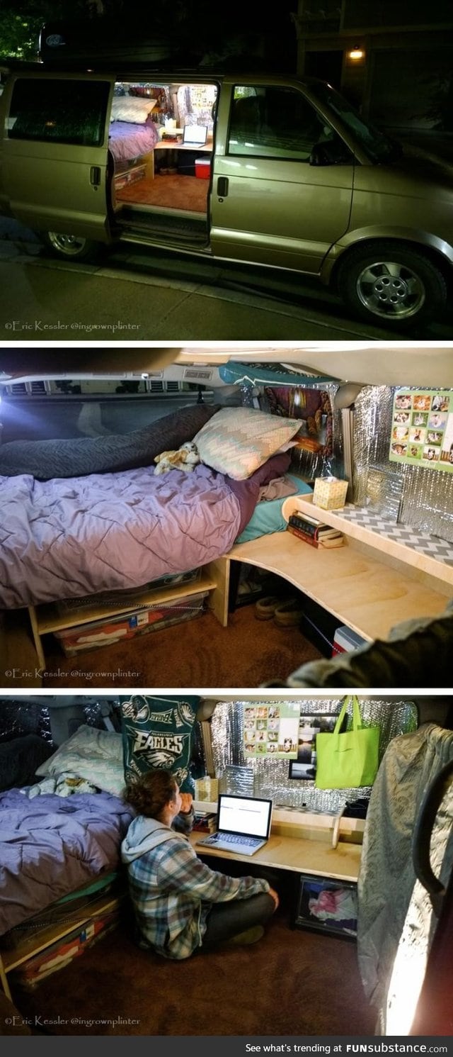 Van converted to dorm room