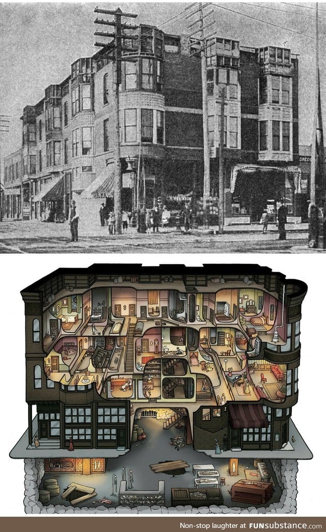 A picture and diagram of H. H. Holmes' murder hotel, a specially designed building