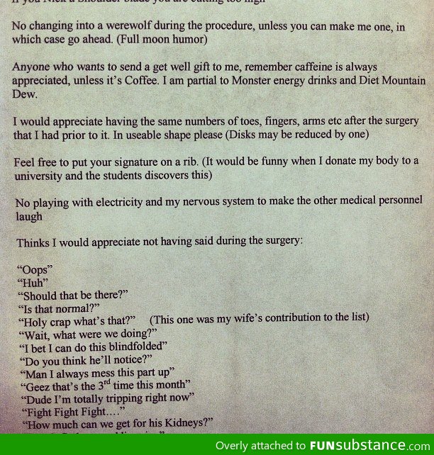 A patient handed this letter to the surgeon before surgery