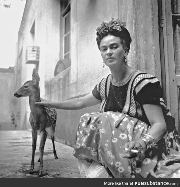 Frida Kahlo and a fawn, 1939.