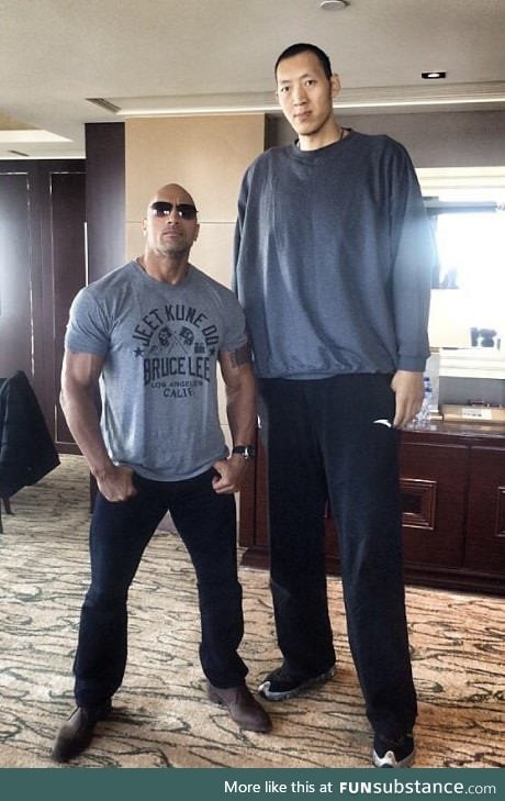 The rock (1.96 m) looks pretty small compared with basketball player Sun Ming Ming (2.36m)
