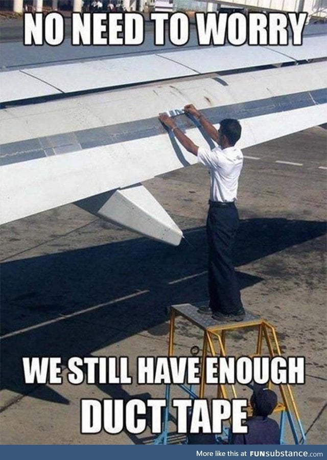 Man repairing plane with duct tape