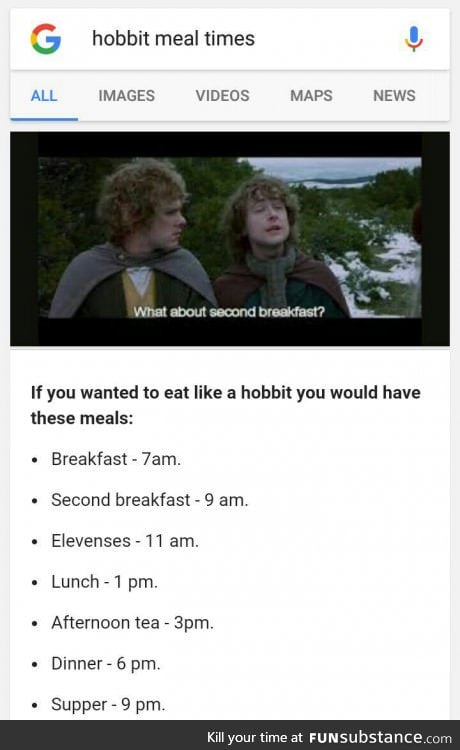 If you ever wanted to be a hobbit, Google tells you hobbit meal times