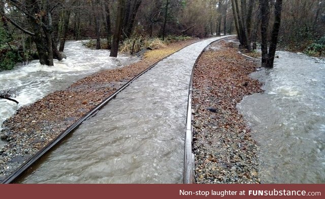 Train rails make rain trails