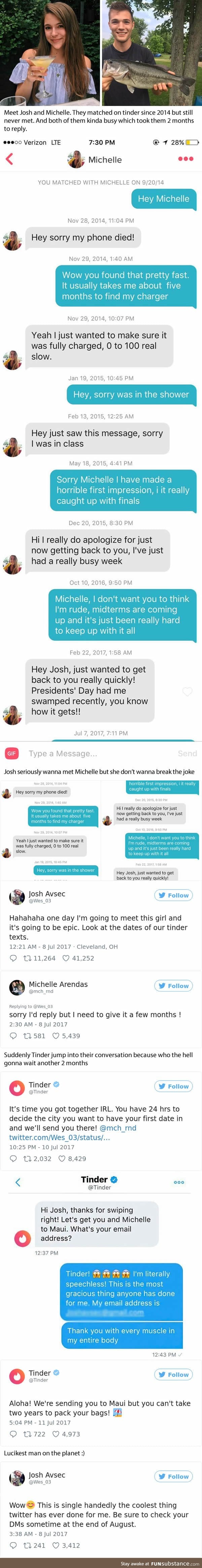 Two strangers have been carrying on a hysterical Tinder conversation for years