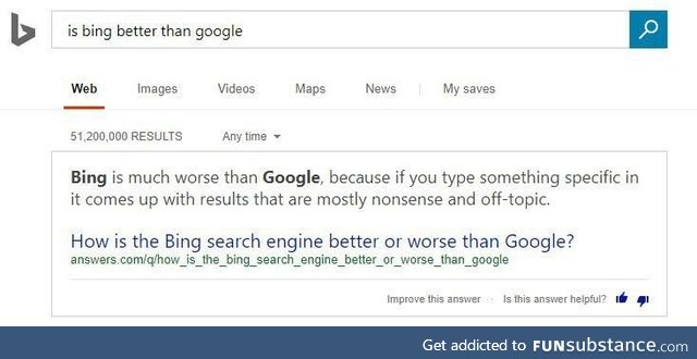 Asking Bing if Bing is better than Google