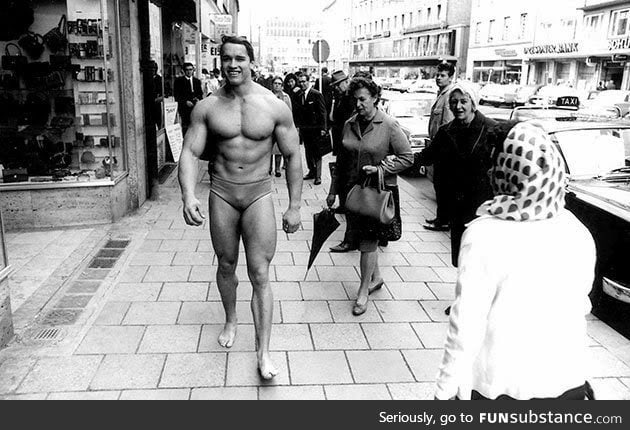 Arnold, at age 20 and youngest Mr. Universe winner ever, out promoting his gym