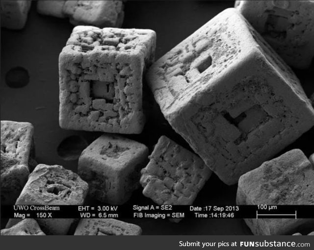 Salt grains under an electron microscope