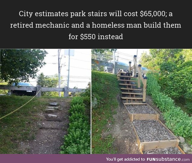 A retired mechanic and a homeless man builds stairs for the city