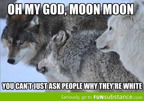 Oh my god, Moon Moon! You can't just ask people why they're white!