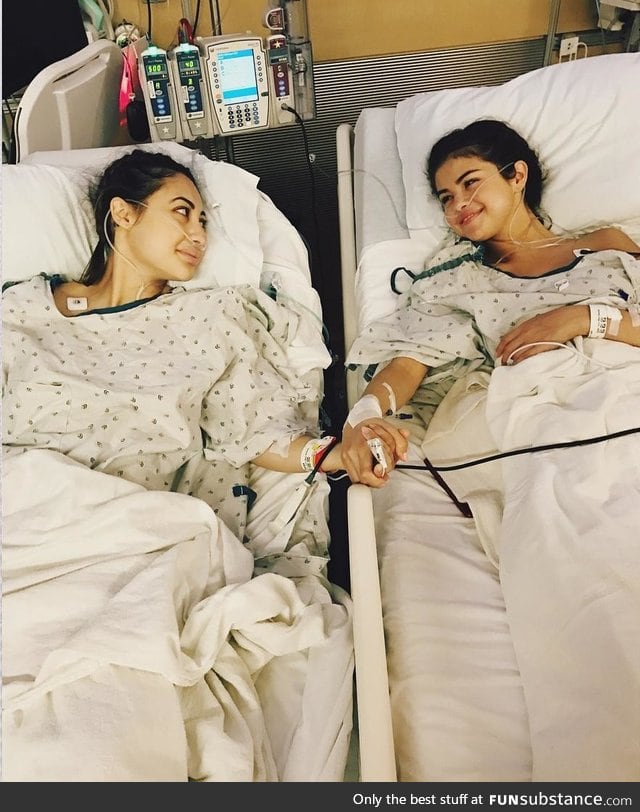 Selena Gomez in a hospital bed with her best friend after receiving a kidney transplant
