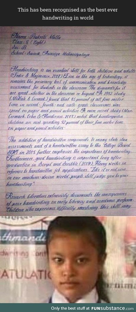 The handwriting of Prakriti malla, the class VIII student from Nepal